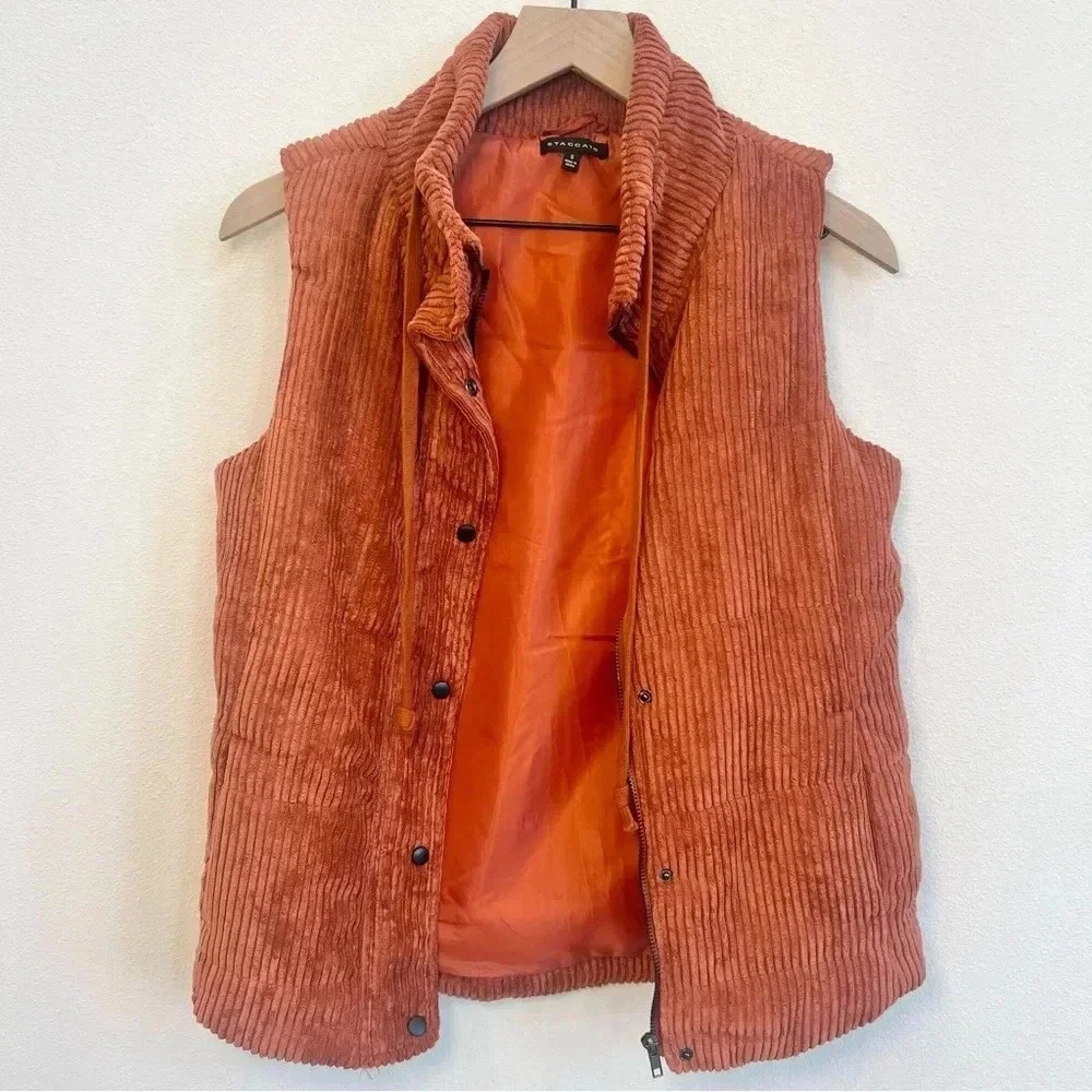 Staccato On the Go Corduroy Dark Orange Puffer Vest Zip Snap Front Size Small - Picture 2 of 13
